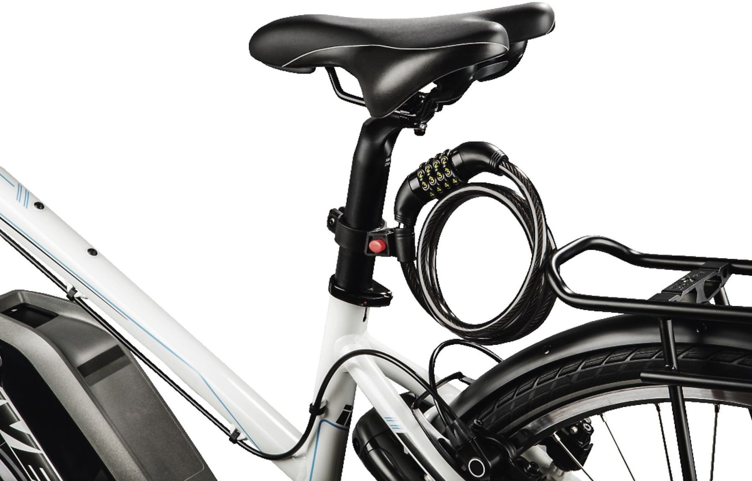 A bicycle with a lock attached to the seat post and rear rack.