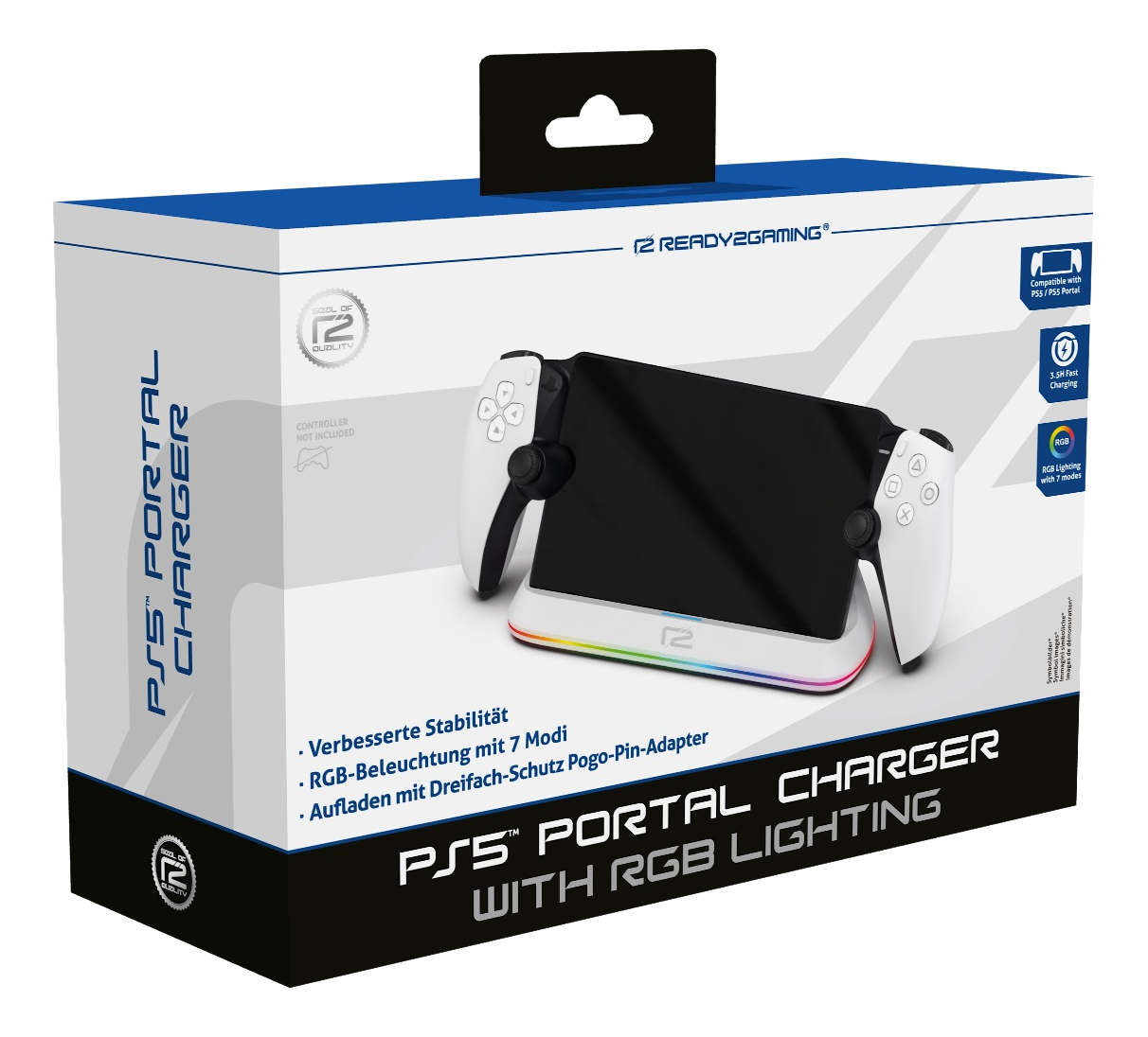 Une boîte de chargeur de portail PS5 avec une manette et un support.