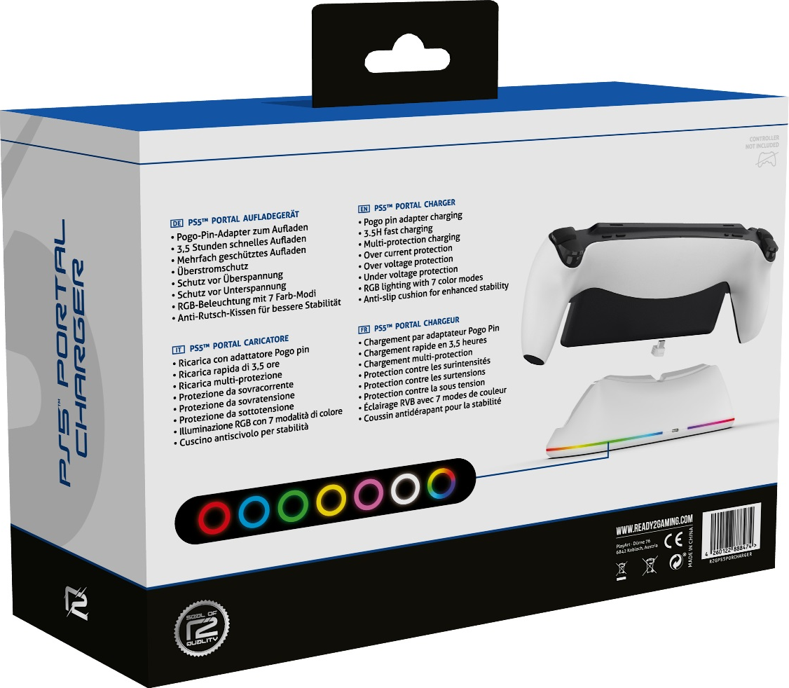Une boîte avec du texte en plusieurs langues. Elle contient un chargeur pour la PS5.