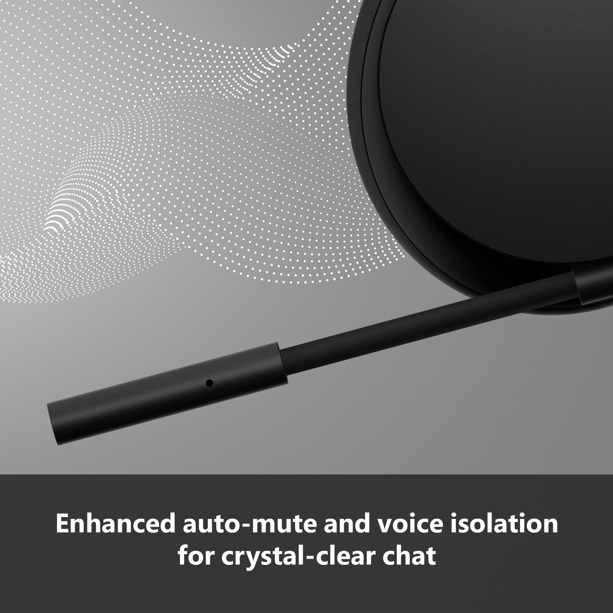 Casque noir avec microphone flexible. Texte : Sourdine automatique et isolation vocale améliorées.