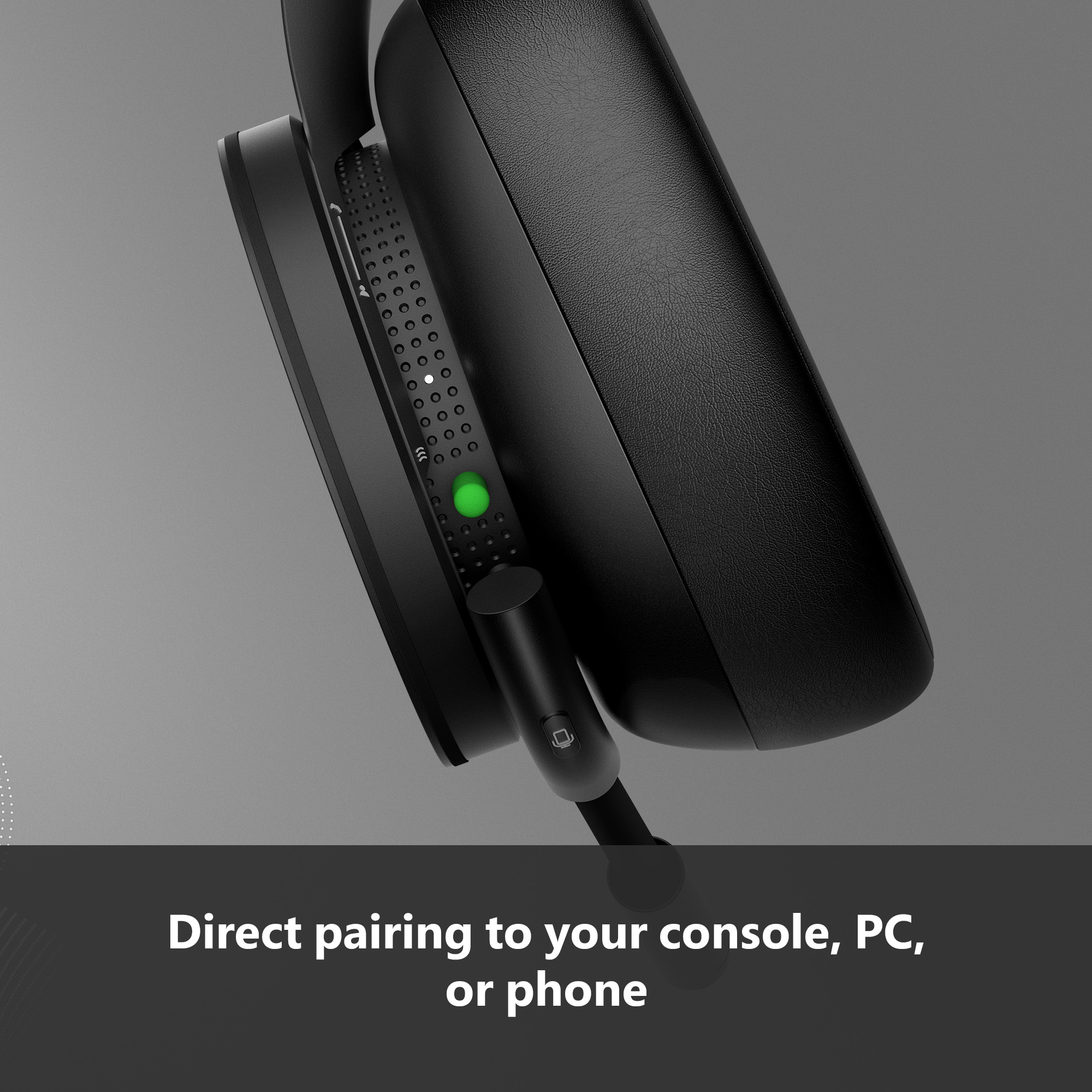 Un casque noir avec une lumière verte et un port de chargement. Le texte indique : Appairage direct à votre console, PC ou téléphone.