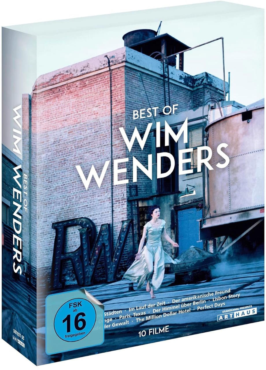DVD-Box-Set mit einer Frau, die auf einem Dach läuft. Das Set ist für Filme von Wim Wenders, mit sichtbaren Titeln.