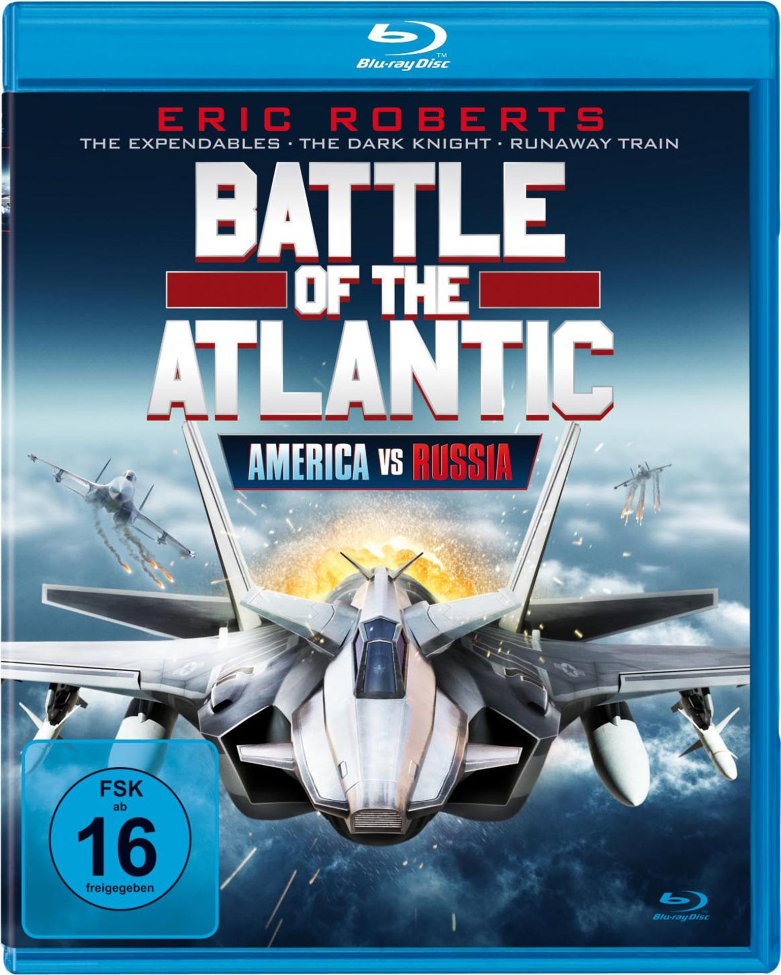 Filmcover: Ein Düsenjäger über Wasser, mit dem Titel "Battle of the Atlantic."