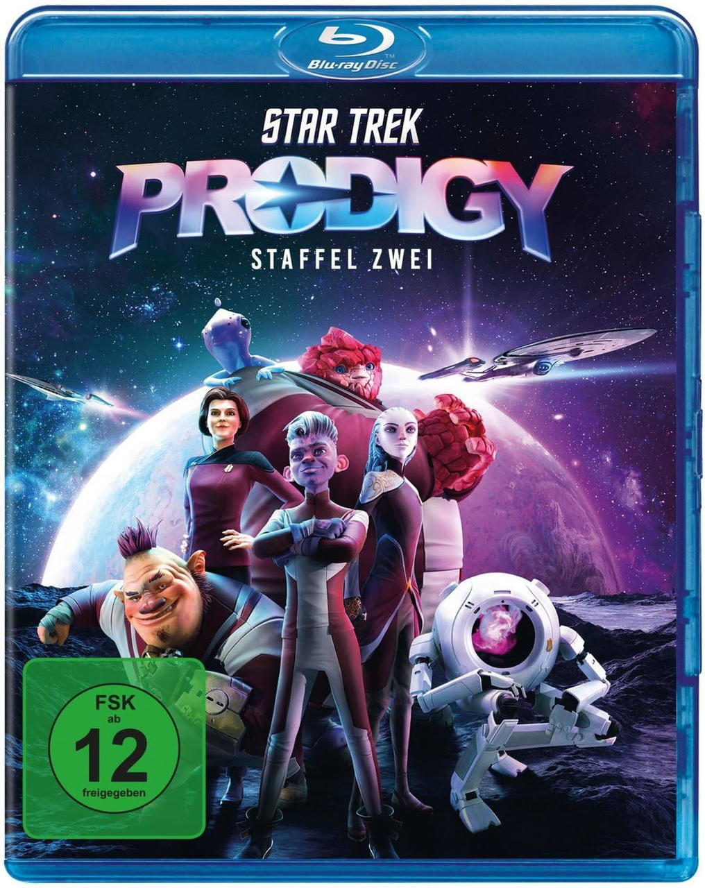 Blu-ray Disc-Cover mit einem Cartoon-Bild. Mehrere Charaktere im Weltraum.