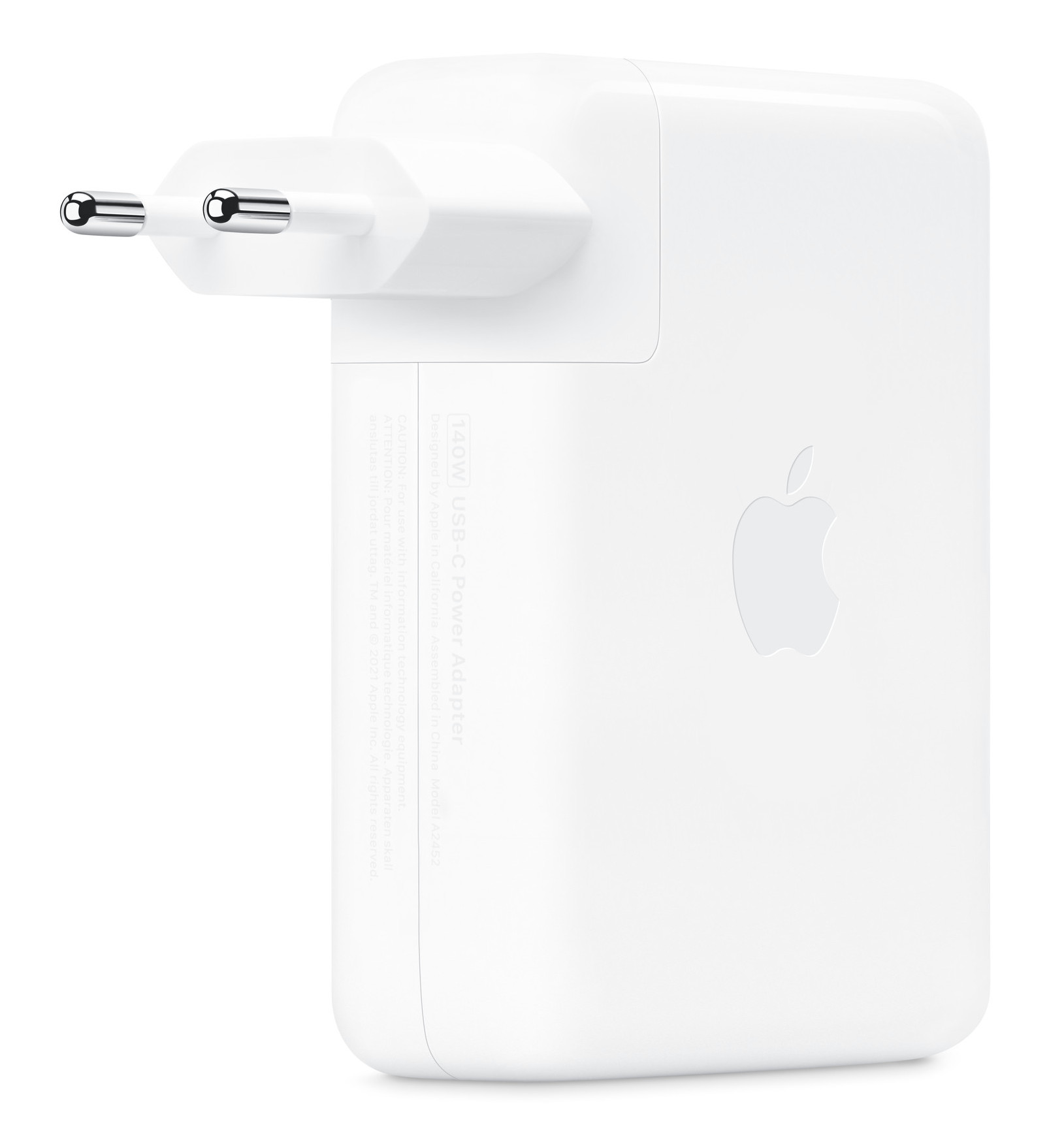 Biały zasilacz Apple 140W USB-C z portem USB-C i składanymi bolcami.