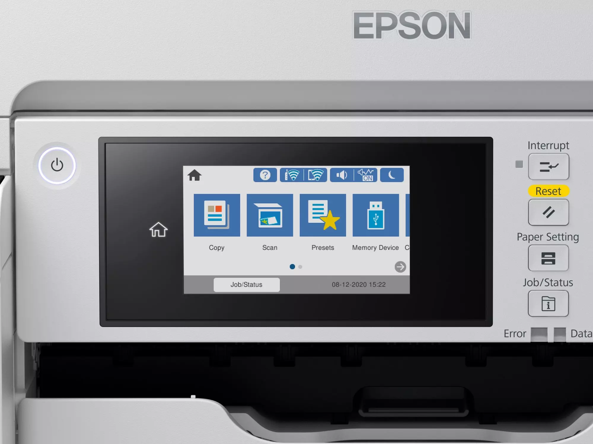Epson nyomtató képernyővel, amely másolási, beolvasási és előbeállítási opciókat jelenít meg. A reset gomb ki van emelve.