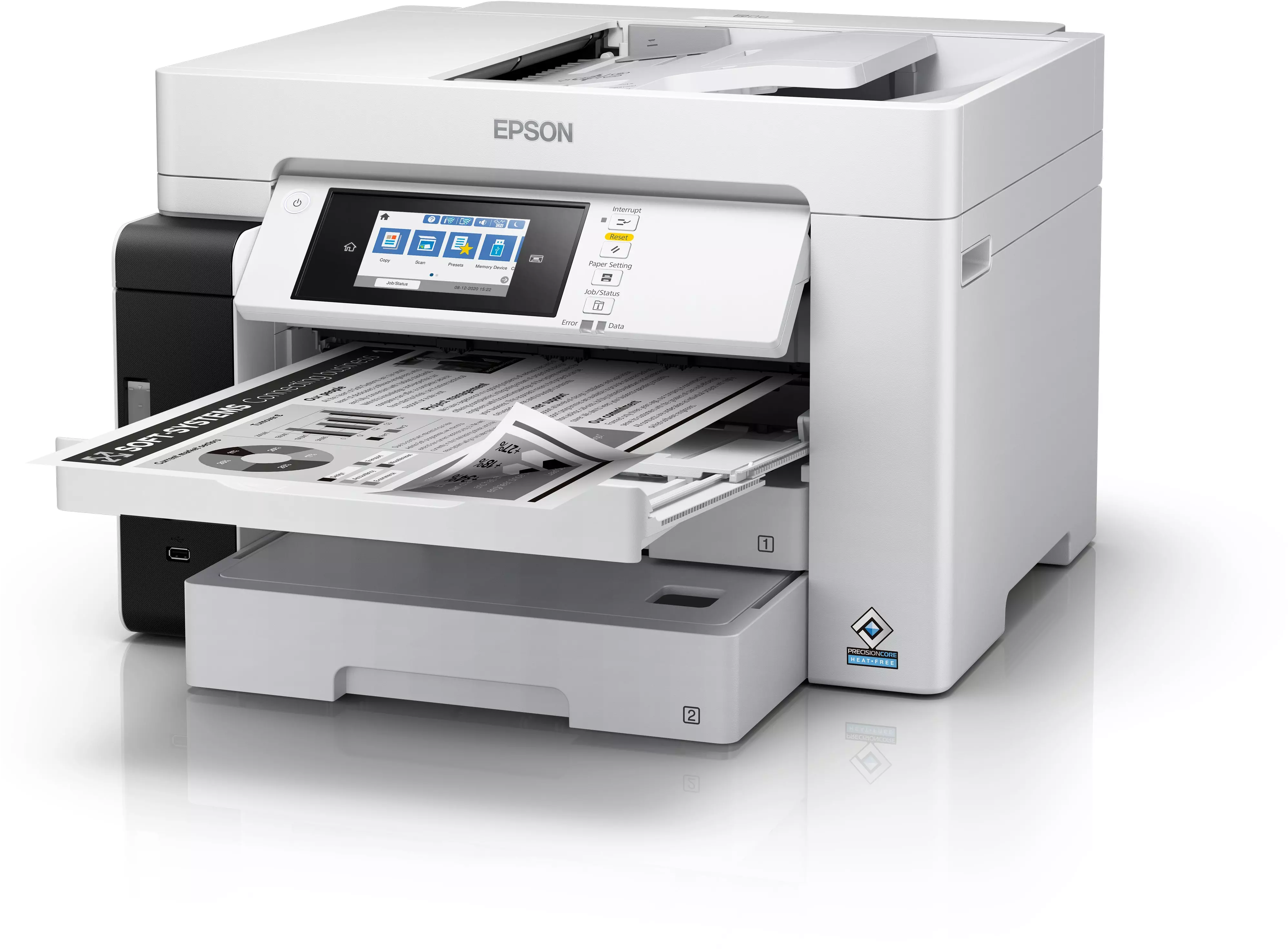 Fehér Epson nyomtató dokumentumokkal a kimeneti tálcán, a vezérlőpanelt mutatva.