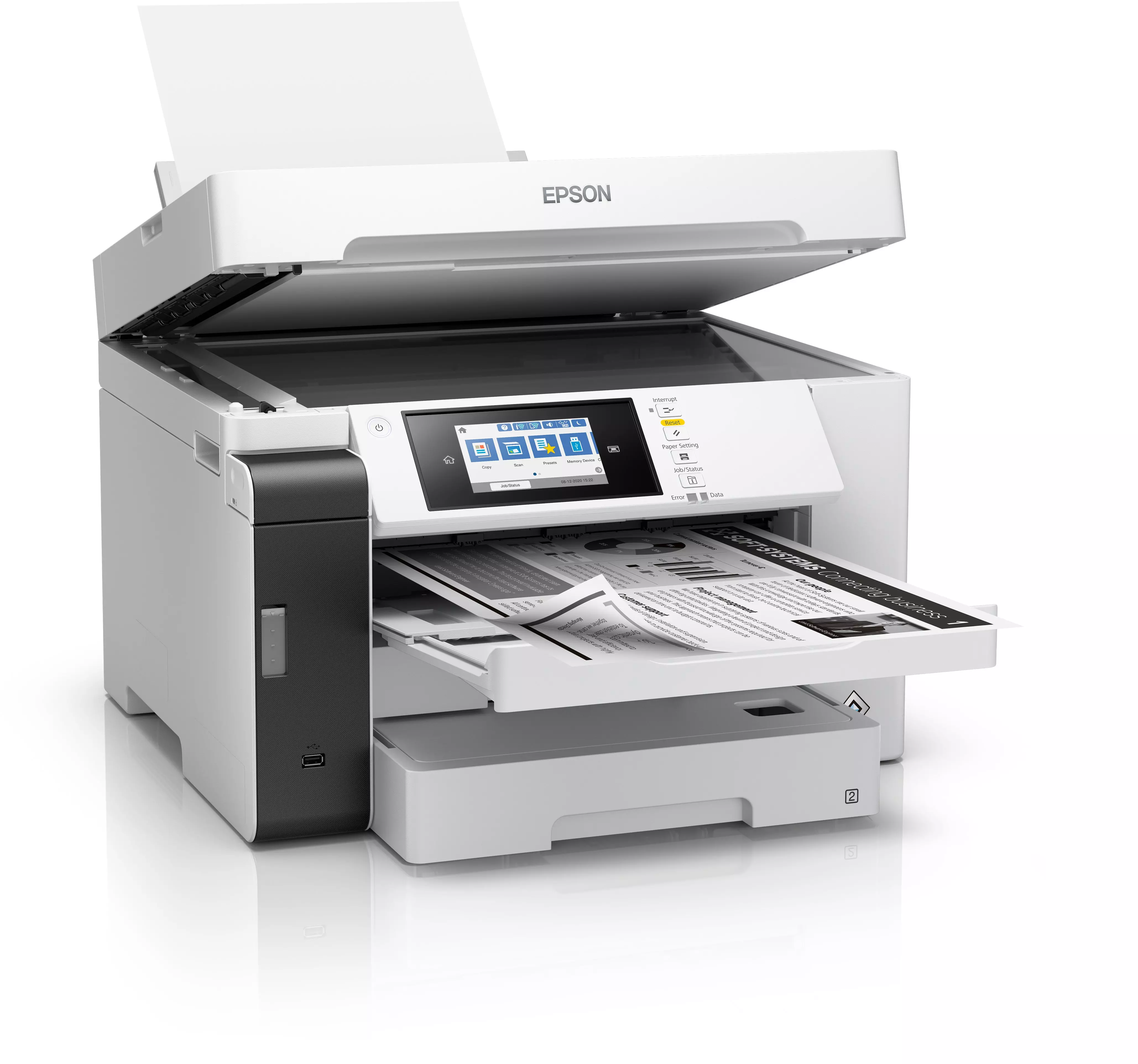 Fehér Epson nyomtató nyitott tálcákkal, dokumentumot és képernyőt mutat, fehér háttér.