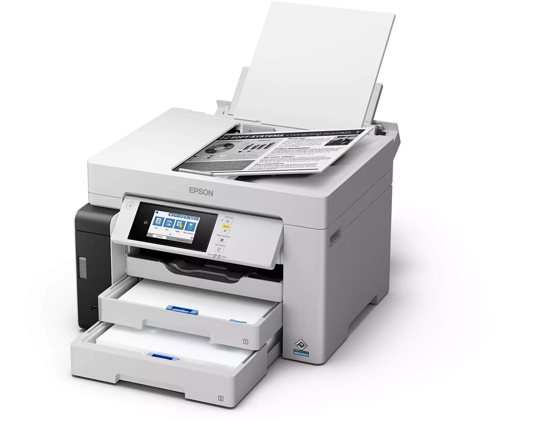 Epson nyomtató papírtálcákkal, szkennerrel és vezérlőpanellel, fehér felületen.