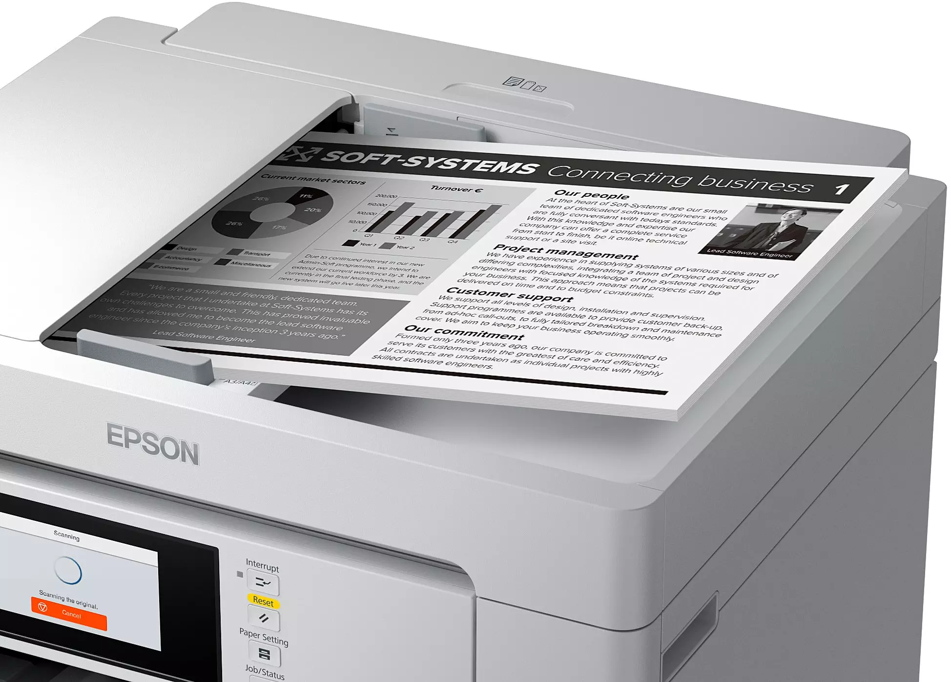 Epson nyomtató, szöveges és grafikus dokumentumot nyomtat fehér háttéren.