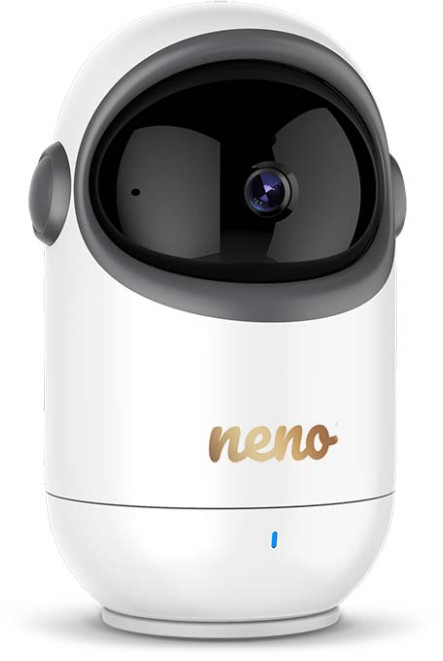 Biała niania elektroniczna z czarną twarzą i złotym logo 'neno', na białym tle.