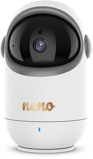 Biały niania Neno z czarnym obiektywem, złotym logo i niebieskim światłem, w izolacji.