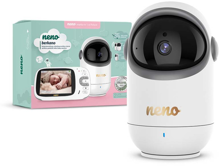 Niania elektroniczna z kamerą i małym ekranem. Kamera jest biała i ma czarny obiektyw.