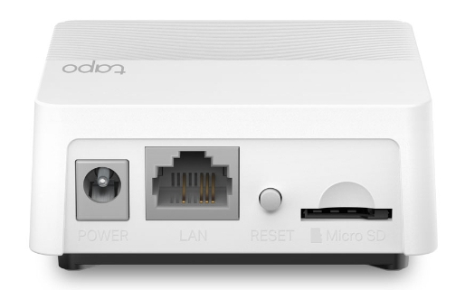 Tył białego urządzenia Tapo, z portami zasilania, LAN, resetowania i micro SD.