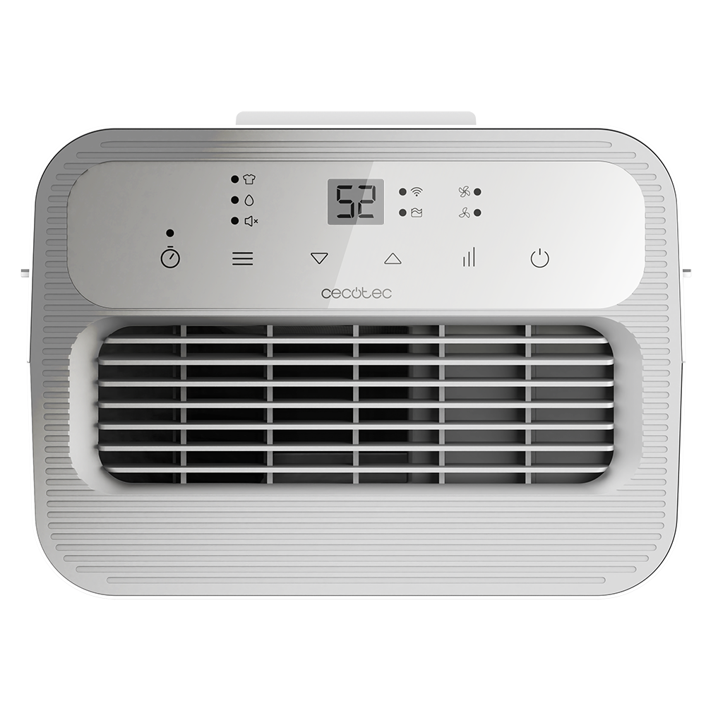 Deshumidificador Cecotec blanco. Vista superior muestra pantalla y salida de aire. Controles de humedad y velocidad del ventilador.
