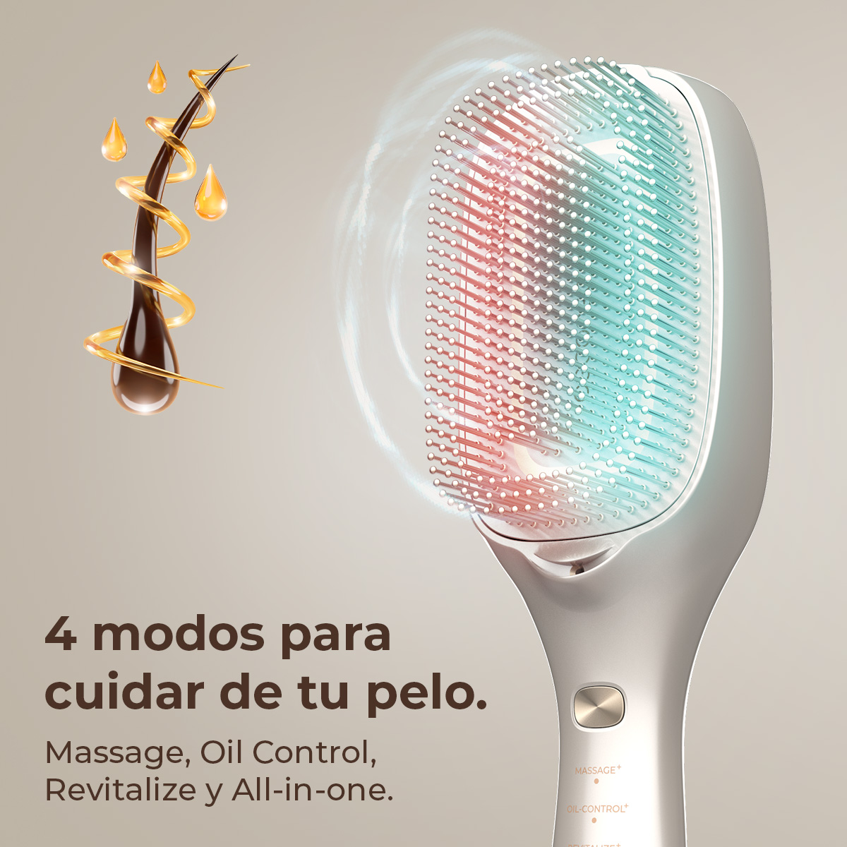 Un cepillo para el cabello con luces rojas y azules. Se muestran gotas de aceite y hebras de cabello, promocionando modos de cuidado.