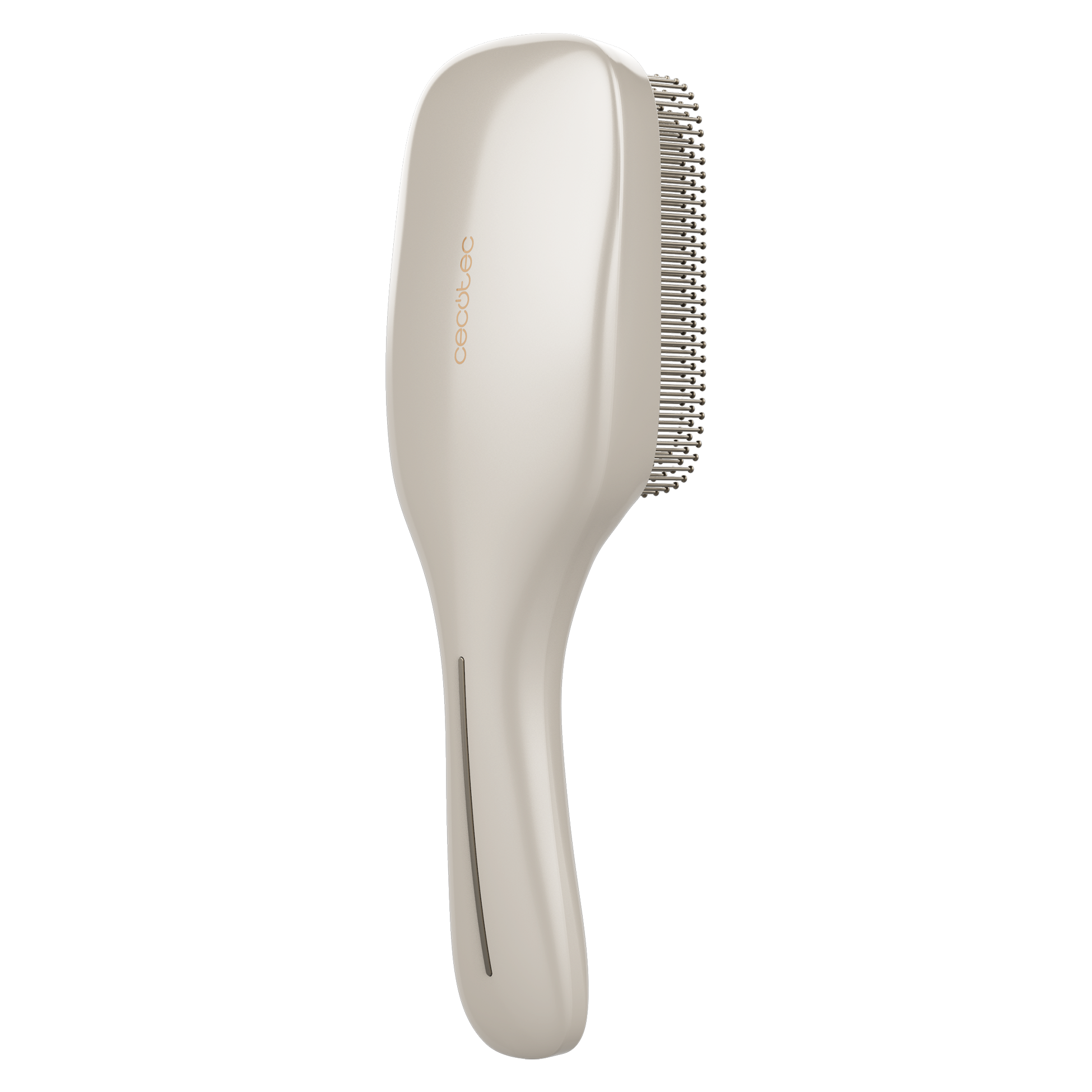 Un cepillo para el cabello beige con mango curvo se muestra contra un fondo negro.
