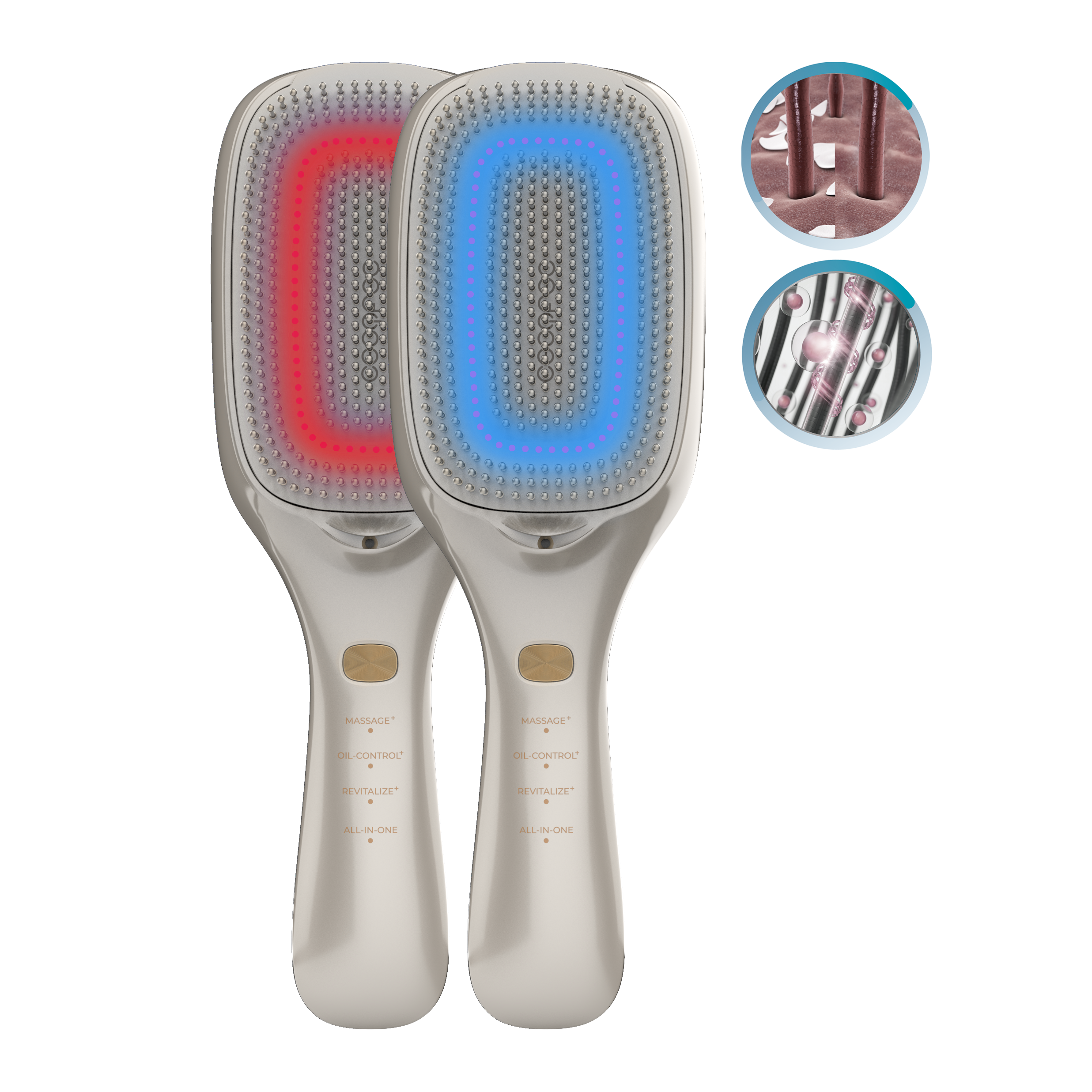 Dos cepillos para el cabello, uno rojo, uno azul, con LED de terapia de luz, junto a detalles del cabello y cuero cabelludo.