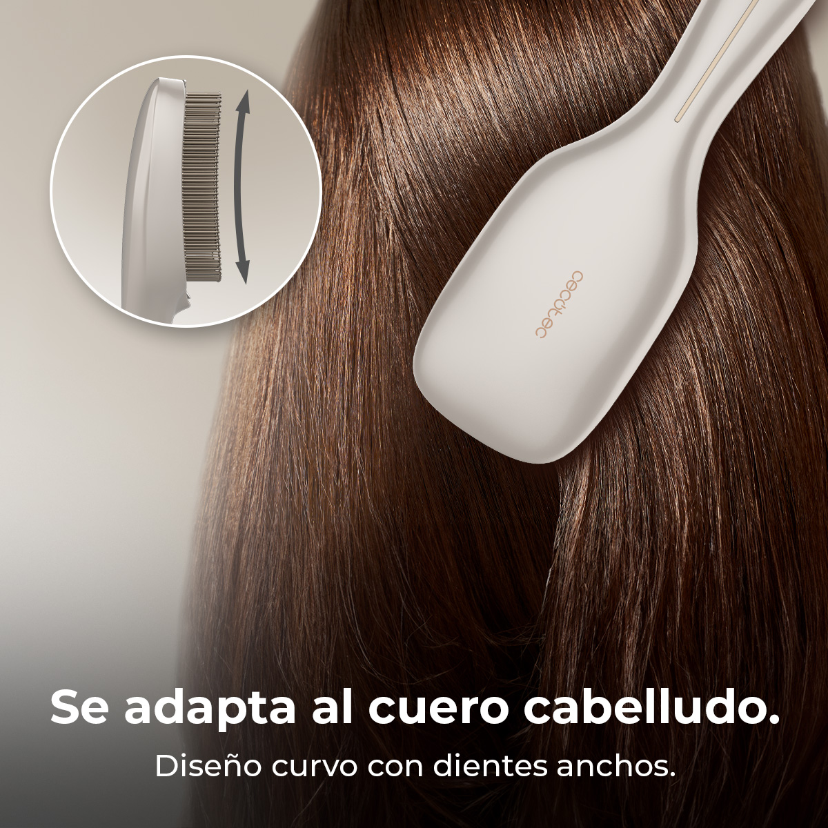 Pelo cepillado con un cepillo blanco, texto: Se adapta al cuero cabelludo.