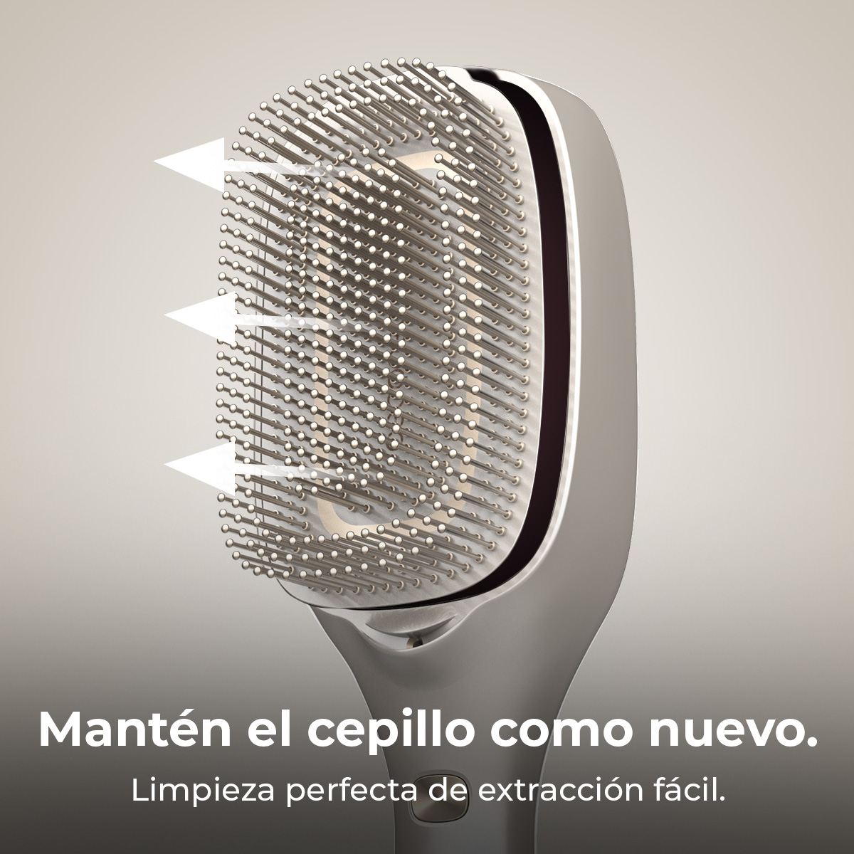 Primer plano de un cepillo. Texto: Mantén el cepillo como nuevo. Extracción fácil y perfecta.