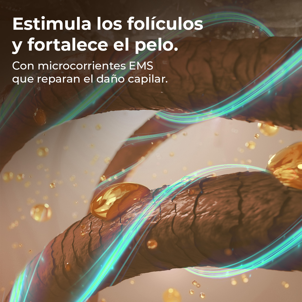 Hebras de cabello con superposición de texto en español sobre el cabello y las microcorrientes.