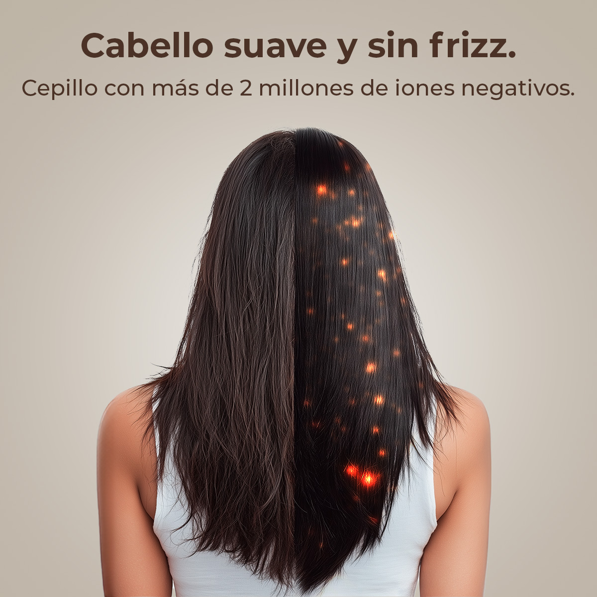 Mujer con pelo dividido. Lado izquierdo mojado, lado derecho peinado, con puntos naranjas.
