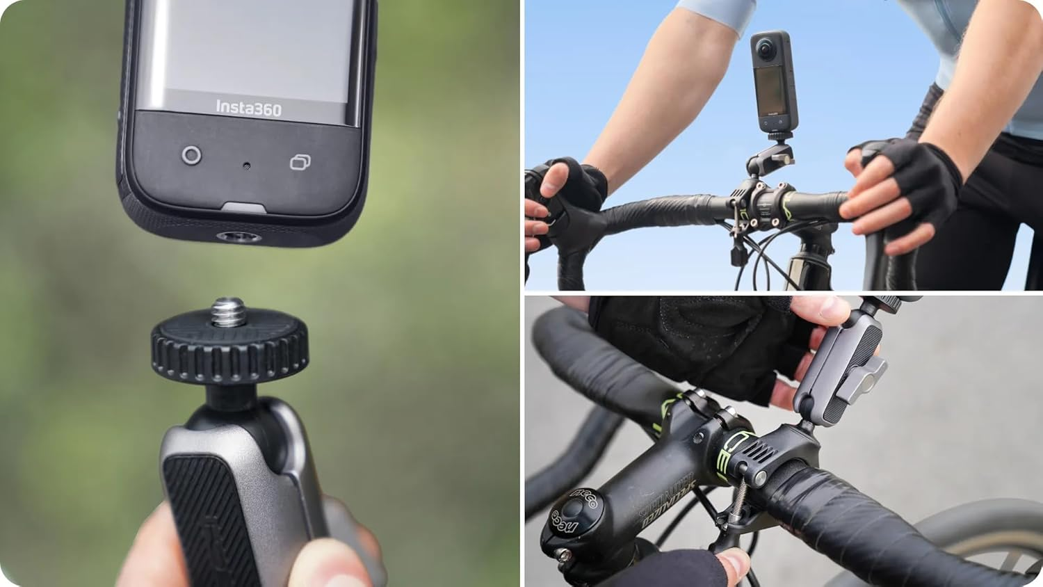 Un collage de imágenes que muestran un teléfono conectado a un trípode, un soporte para manillar de bicicleta y su uso.