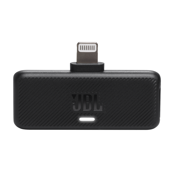 Adaptador JBL negro para iPhone. Conector Lightning, logotipo de JBL y una luz indicadora blanca.