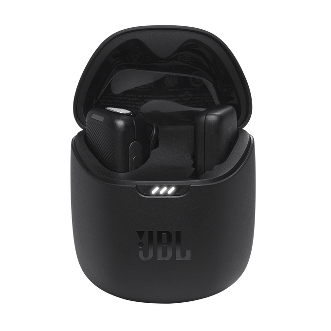 Auriculares JBL negros en estuche de carga con luces LED blancas.