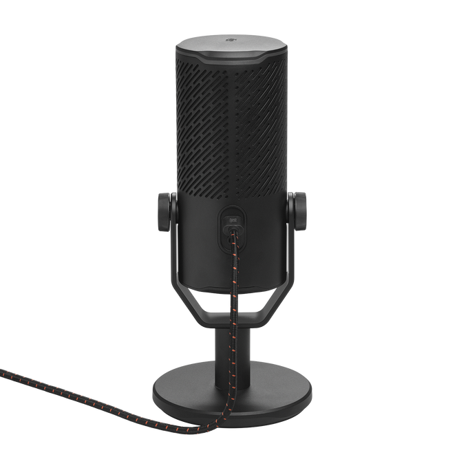 Micrófono negro sobre soporte con fondo negro y cable negro y naranja.