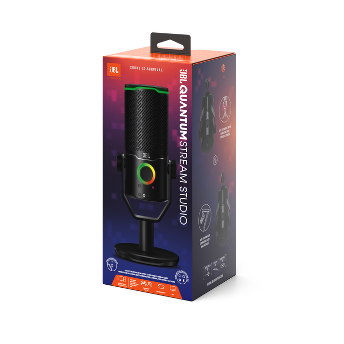 Micrófono JBL Quantum Stream Studio en una caja. La caja es negra y naranja, con gráficos y texto.