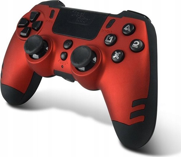 Czerwono-czarny kontroler do gier. Ma przyciski, gałki analogowe i panel dotykowy. Marka to SteelSeries.
