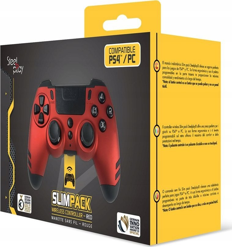 Czerwony kontroler bezprzewodowy Slimpack z żółtym złączem USB, w żółtym pudełku.