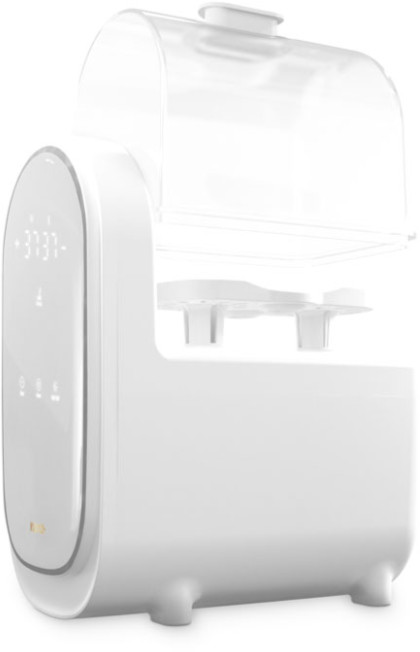 Biały sterylizator do butelek dla niemowląt z przezroczystą pokrywą. Posiada wyświetlacz cyfrowy.