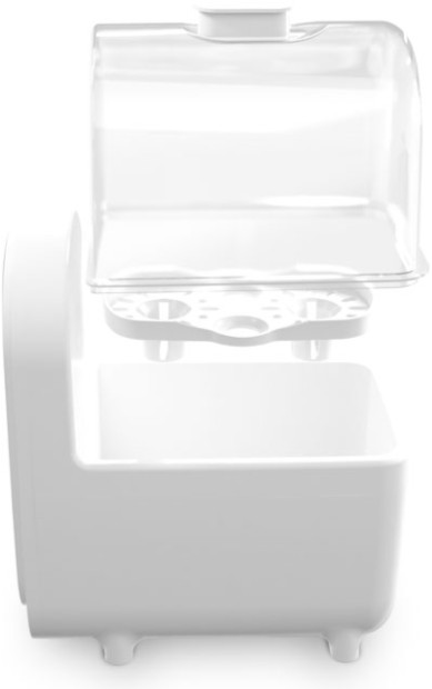 Biały sterylizator do butelek dla niemowląt, z przezroczystą pokrywą i otwartą górą.