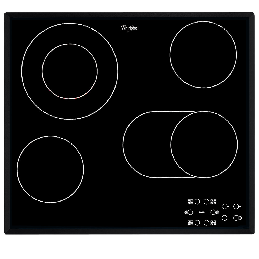 Fekete Whirlpool elektromos főzőlap négy kerek égővel és vezérlőpanellel.