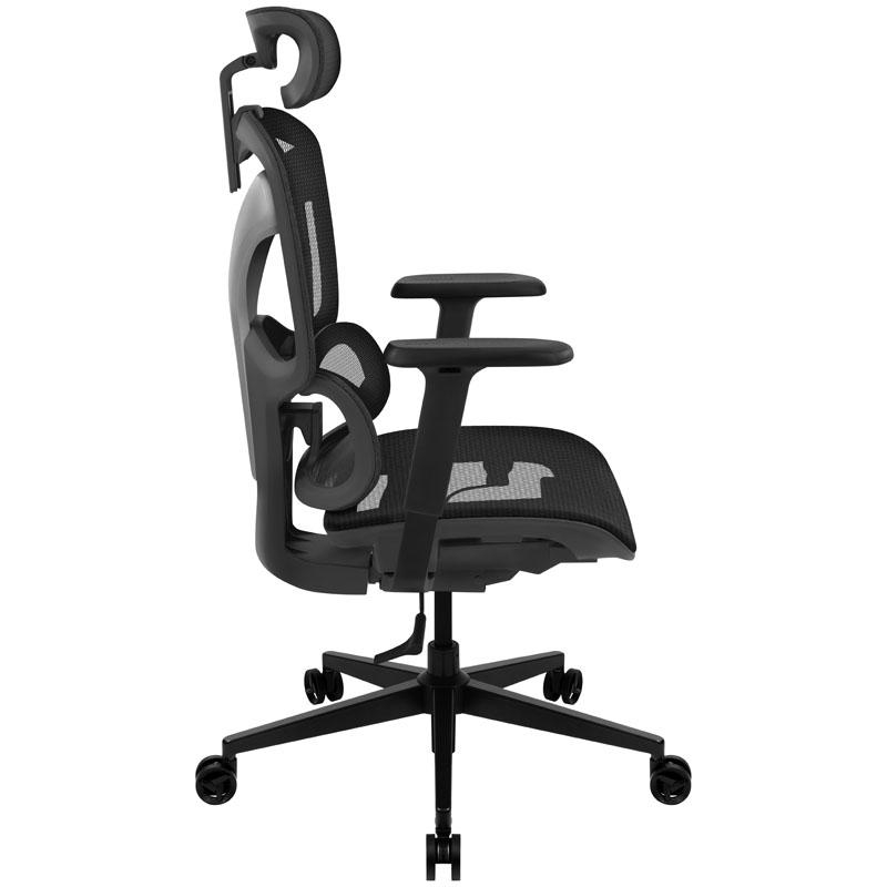 Ein schwarzer ergonomischer Bürostuhl, der Rückenlehne, Armlehnen und Räder zeigt.