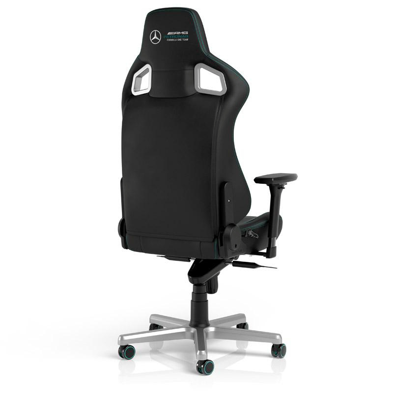 Schwarzer Gaming-Stuhlrücken, grüner Besatz, Mercedes-AMG-Logo, weiß.