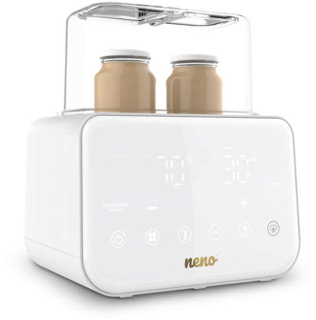 Biała podgrzewacz do butelek dla niemowląt z dwoma butelkami.