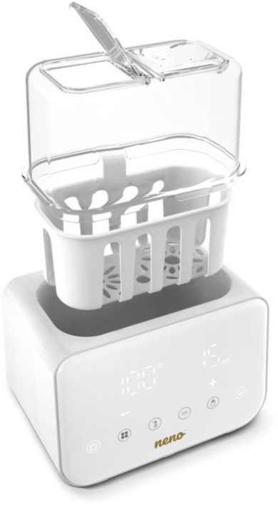 Biały sterylizator do butelek dla dzieci z przezroczystą pokrywą i cyfrowym wyświetlaczem.