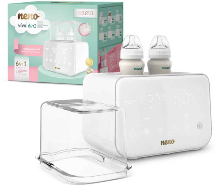 Biała podgrzewacz do butelek Neno z butelkami i akcesoriami. Pokazano również pudełko.