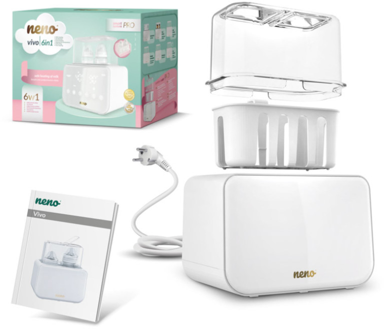 Biały podgrzewacz do butelek dla niemowląt z akcesoriami i opakowaniem.