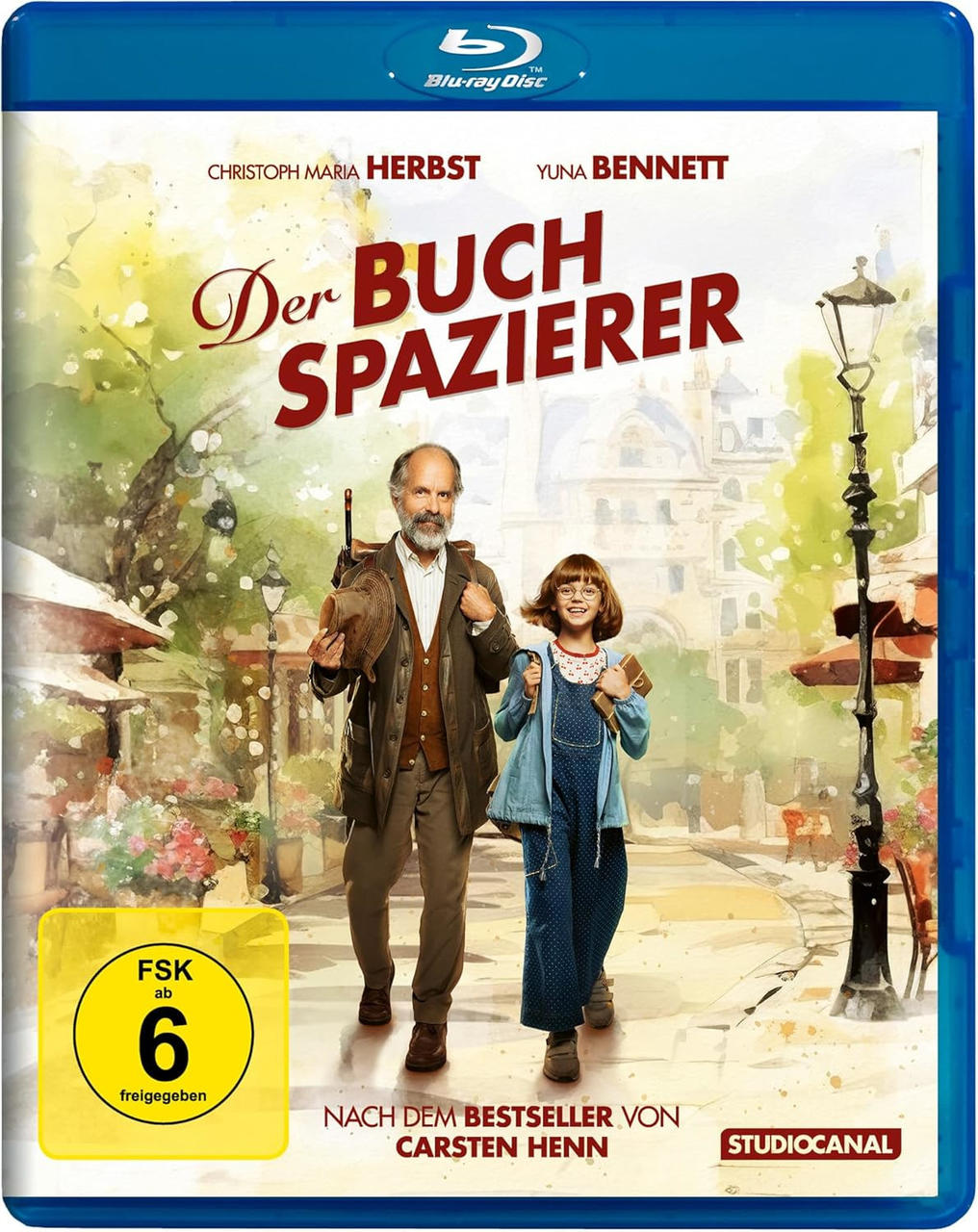 Filmcover: Ein Mann und ein Mädchen gehen eine Straße entlang mit dem Titel "Der Buch Spazierer."