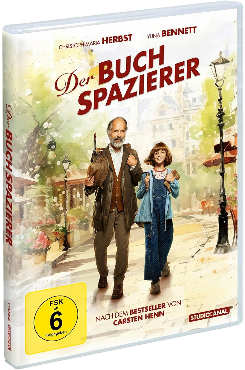 DVD-Hülle mit dem Filmtitel „Der Buchspazierer“. Ein Mann und ein Mädchen gehen auf einer Straße.
