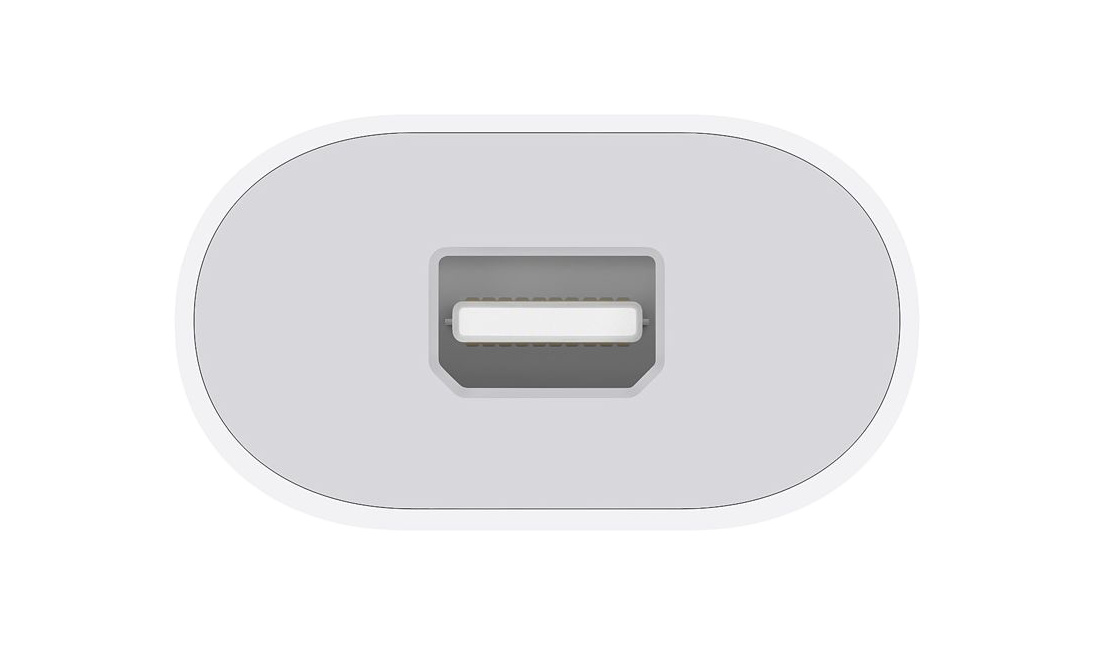 Biała, owalna przejściówka USB-C. Ma prostokątny port pośrodku.