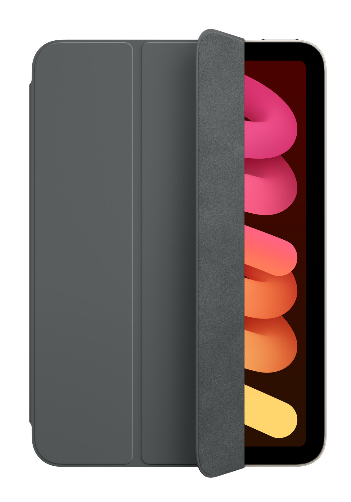 Szare etui na iPada, częściowo otwarte. Ekran iPada jest widoczny, wyświetlając kolorowy obraz.