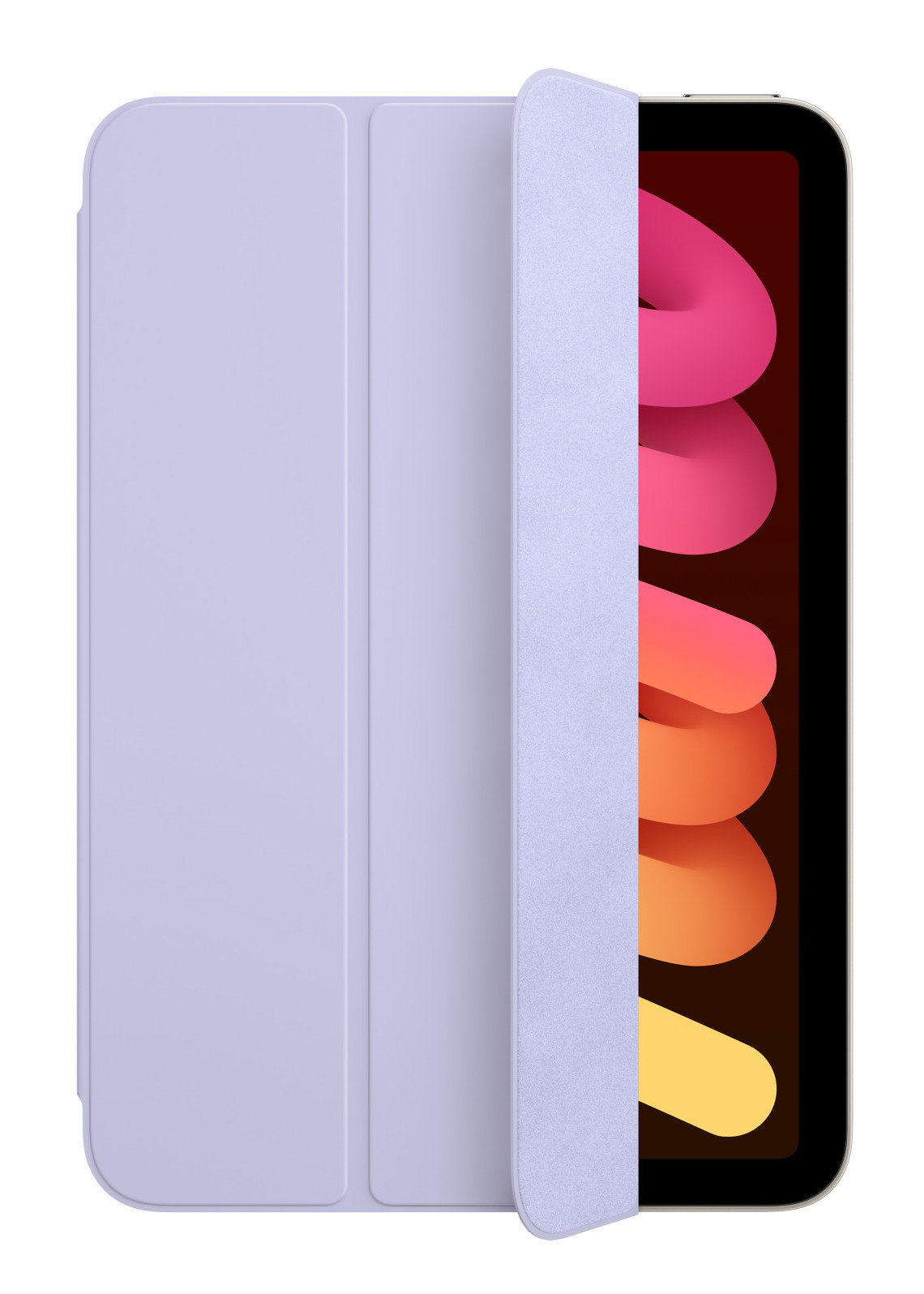 Fioletowy iPad mini z lawendowym etui, otwartą okładką.