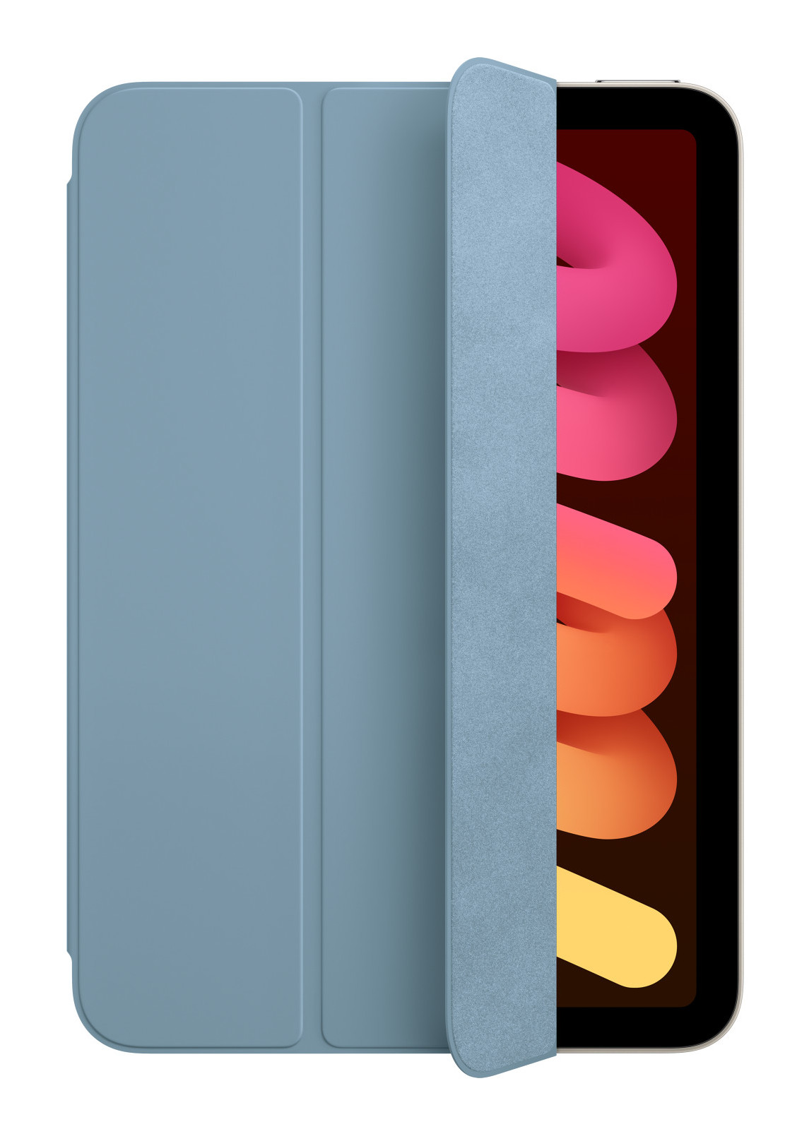 Niebieski iPad Mini z niebieską obudową częściowo otwartą, ukazującą ekran z kolorowymi kształtami.