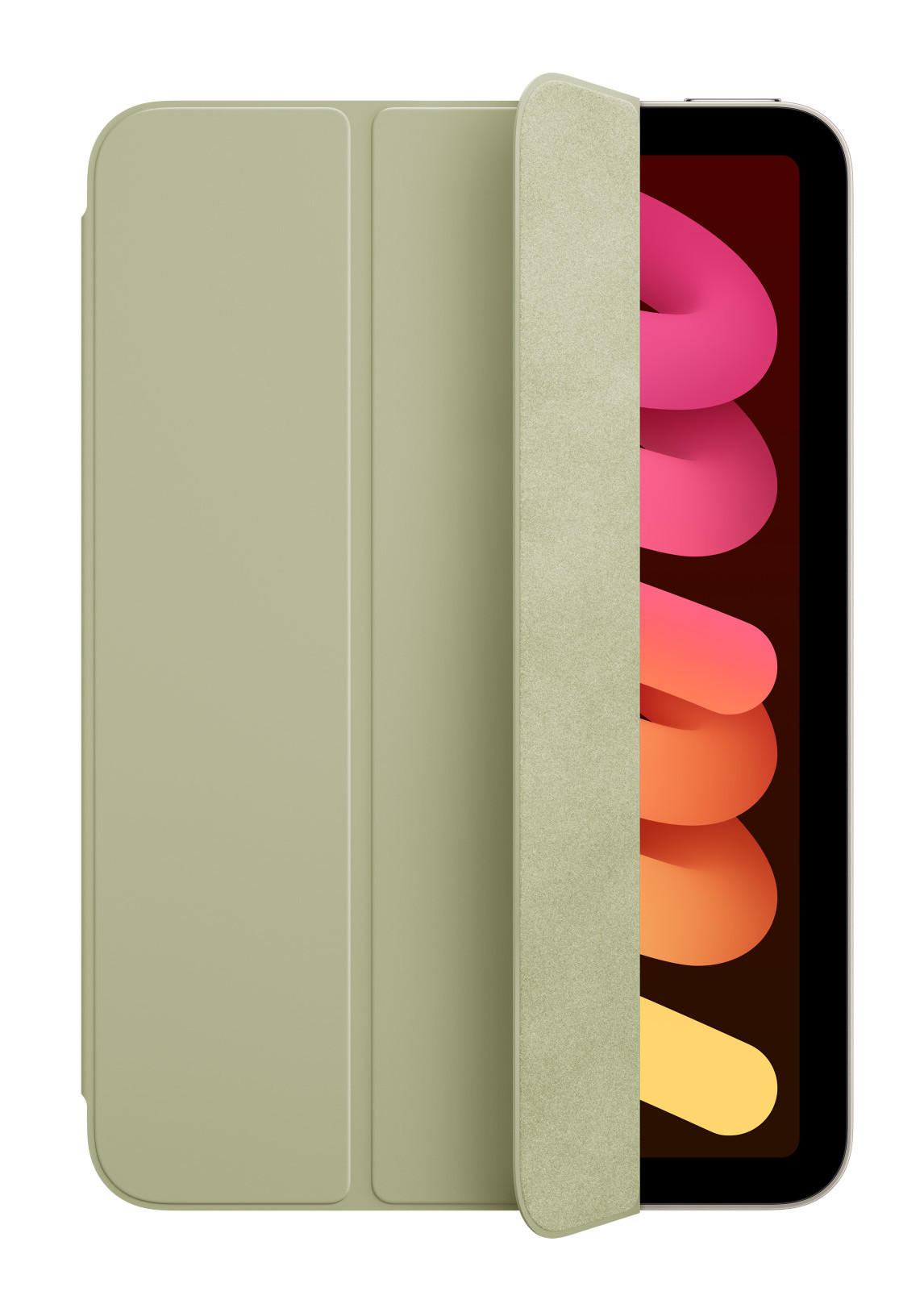 Tablet z zieloną okładką, częściowo otwarty, pokazujący ekran.