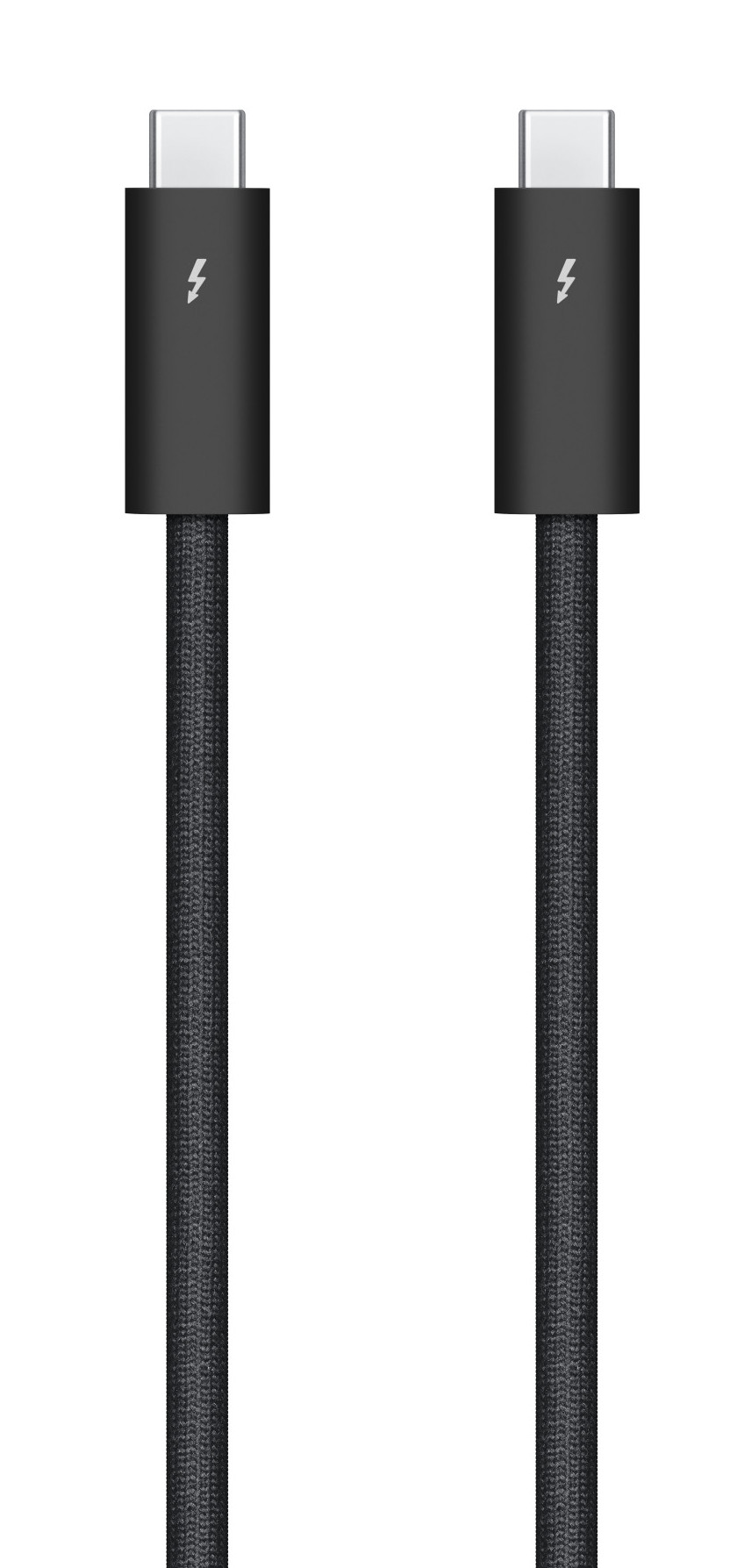 Czarny kabel USB-C z plecioną fakturą i dwoma złączami. Symbol błyskawicy na złączach.